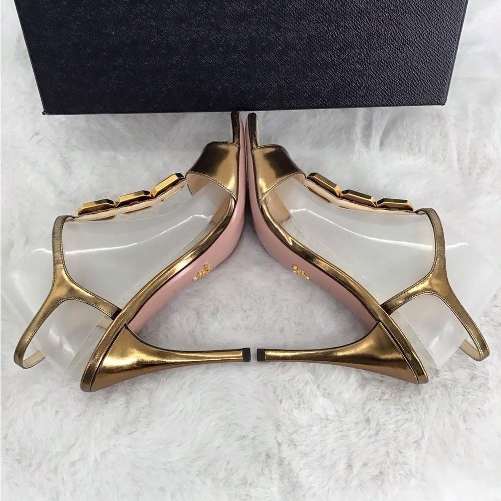 Prada Capretto Jeweled Open Toe Heel Lame Bronze Luxury Designer Size 37EU - Picture 5 of 11